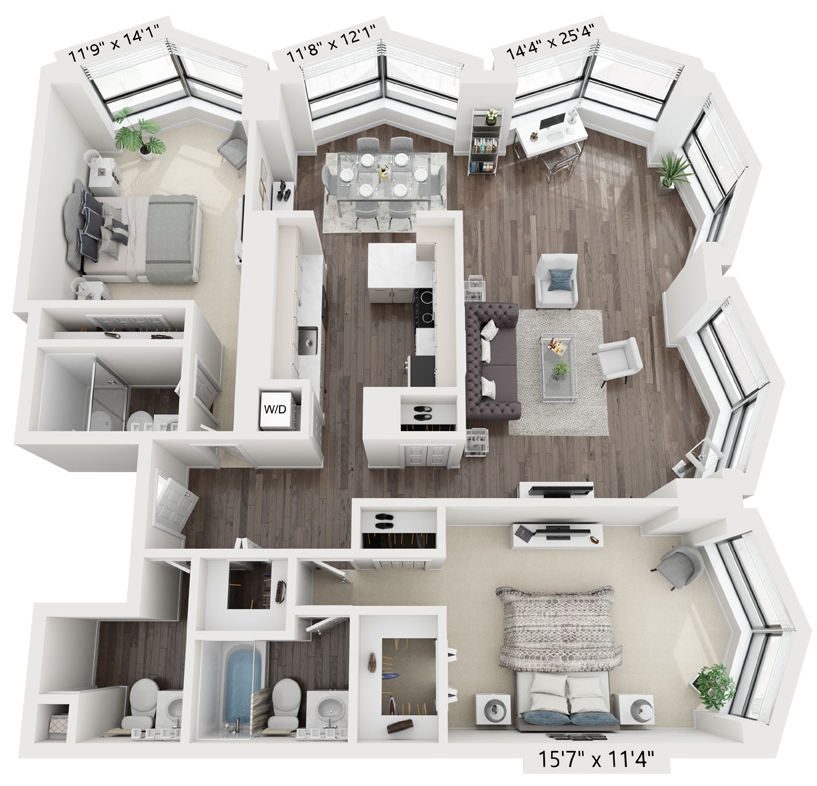 Floor plan for 2 beds, 2 baths, 1465 sqft